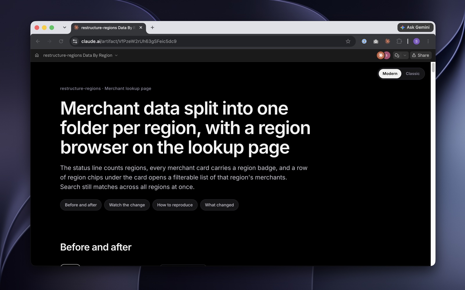 The change preview page in dark mode