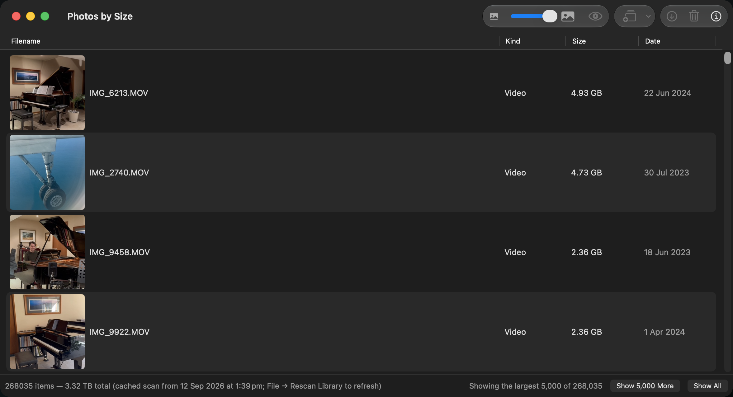 Photos by Size window listing photos and videos with thumbnails, largest first, with exact file sizes and dates
